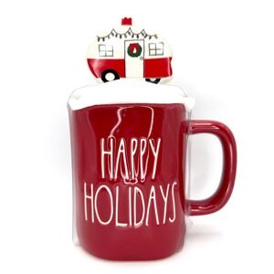Rae Dunn Happy Holidays Red Mug with Christmas Camper Topper Artisan Collection